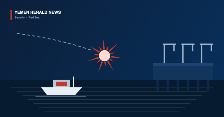 Illustration of a small boat on the Red Sea near a port pier with an interception burst overhead