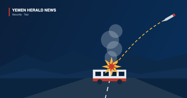 Illustration of a passenger bus on a road with a missile trail arcing down to an impact burst and smoke, marking a strike on the Taiz-Aden road