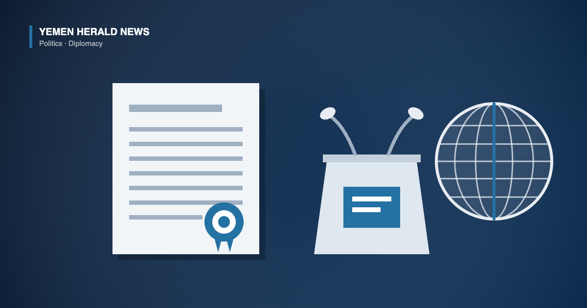 Illustration of a sealed official statement, a rostrum with microphones and a globe representing an appeal to the international community