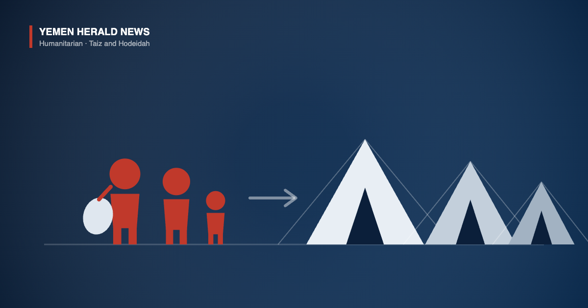 Illustration of a displaced family carrying belongings walking towards a row of camp tents