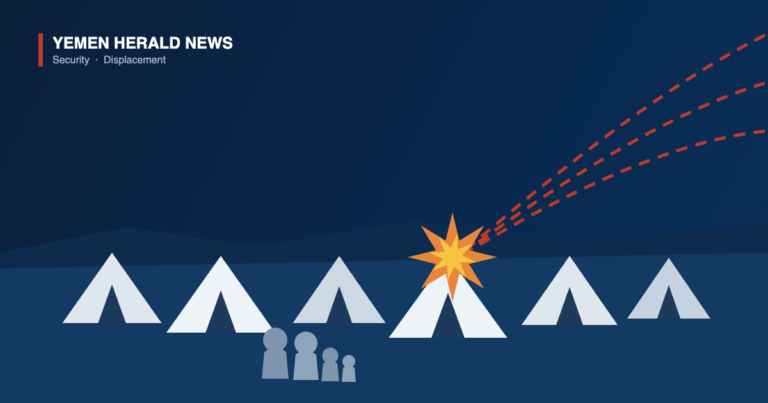 Illustration of a row of displacement tents at night with a family group, missile trails arcing in from the right and an impact burst over one tent