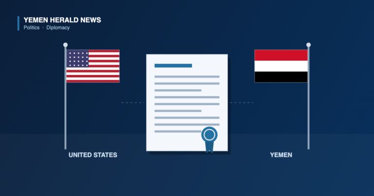 Illustration of the flags of the United States and Yemen flanking an official statement bearing a seal