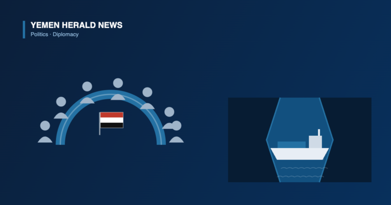 Illustration of a curved Arab League council table with seated delegates and a Yemeni flag, beside a cargo ship transiting a narrow strait