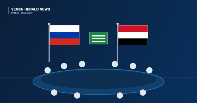 Illustration of Russian and Yemeni flags beside a green panel and a meeting table, representing Moscow talks on Houthi attacks on Saudi Arabia