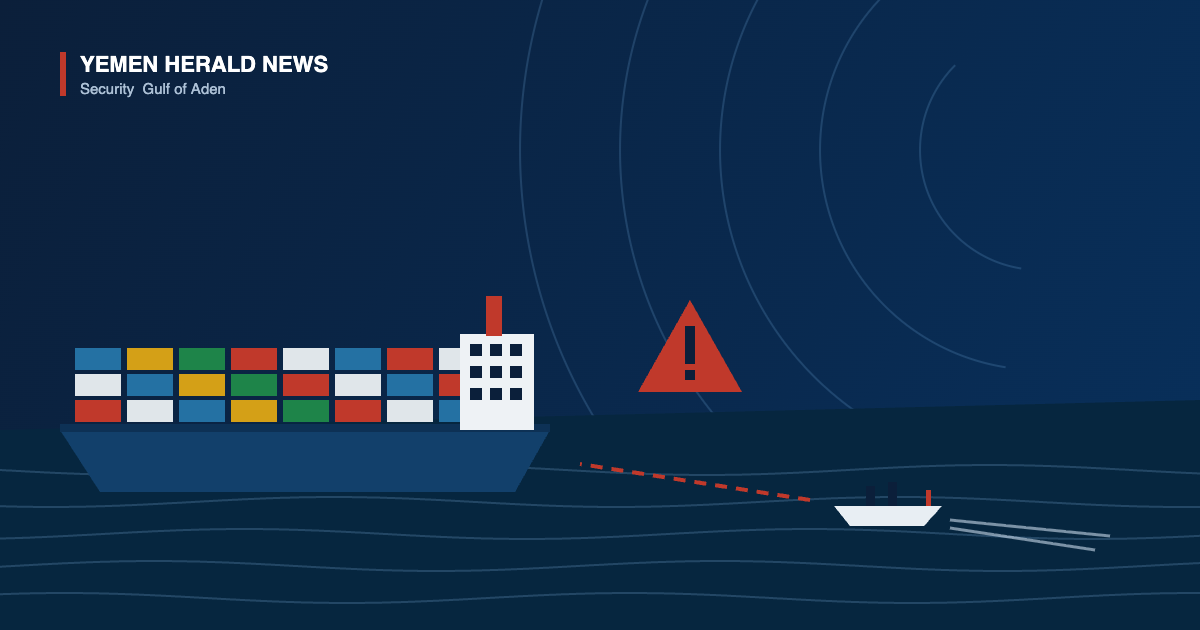 Illustration of a container ship in the Gulf of Aden with a small skiff approaching from astern and a maritime warning symbol