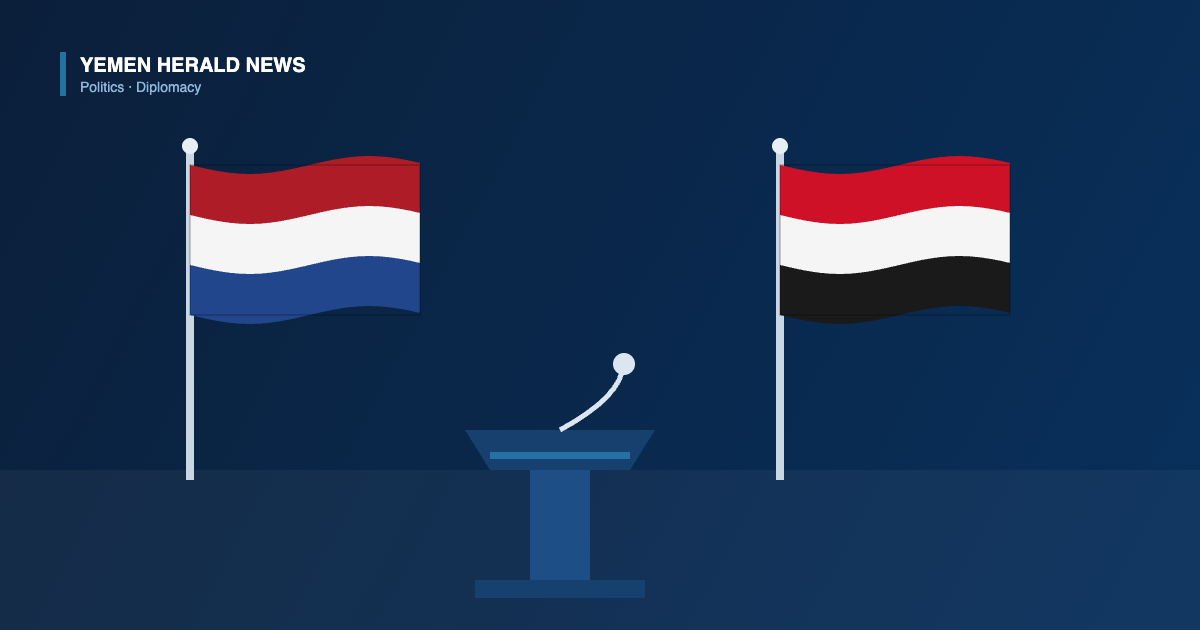 Illustration of the Dutch and Yemeni national flags flanking a lectern with a microphone