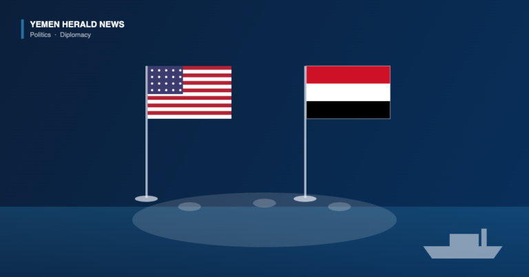 Illustration of United States and Yemeni flags beside an empty meeting table, with a cargo ship on water in the background