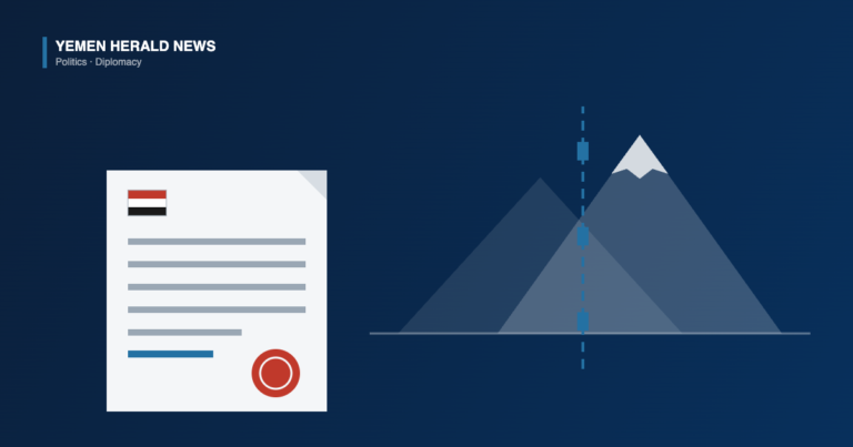 Illustration of a Yemeni government statement document with an official seal beside a snow-capped mountain crossed by a marked boundary line