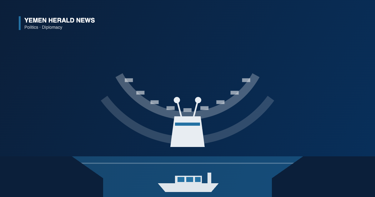 Illustration of a Security Council chamber with a speaker lectern and microphones above a cargo ship passing through a narrow strait