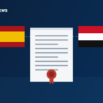 Illustration of the Spanish and Yemeni flags flanking a sealed diplomatic statement