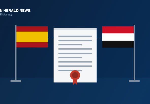 Illustration of the Spanish and Yemeni flags flanking a sealed diplomatic statement