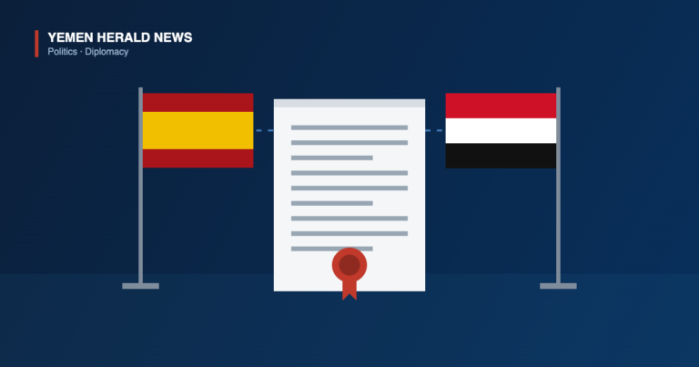 Illustration of the Spanish and Yemeni flags flanking a sealed diplomatic statement