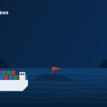 Illustration of a container ship passing an island in the Bab al-Mandab strait, with a flag planted on the island