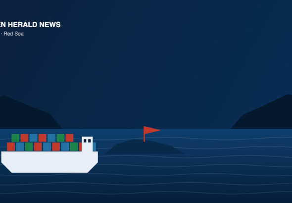 Illustration of a container ship passing an island in the Bab al-Mandab strait, with a flag planted on the island