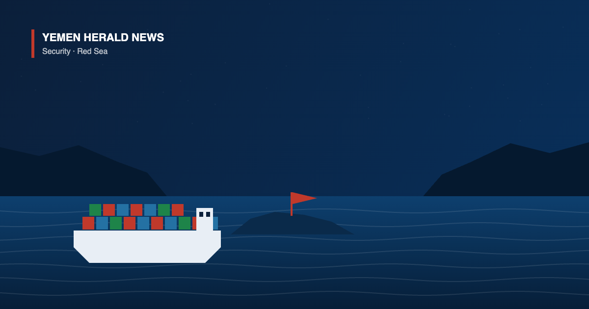 Illustration of a container ship passing an island in the Bab al-Mandab strait, with a flag planted on the island