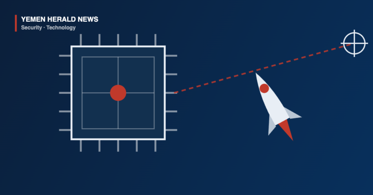 Illustration of a microchip linked by a dashed trajectory to a rocket and a crosshair, representing AI assisted missile guidance software