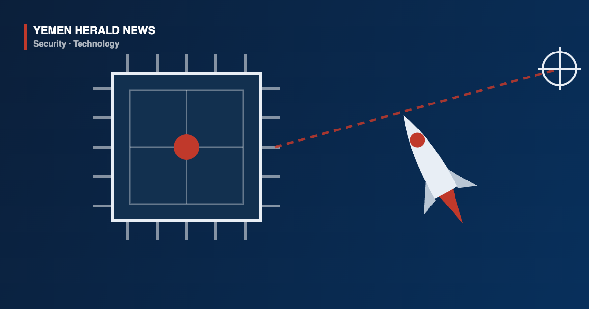 Illustration of a microchip linked by a dashed trajectory to a rocket and a crosshair, representing AI assisted missile guidance software