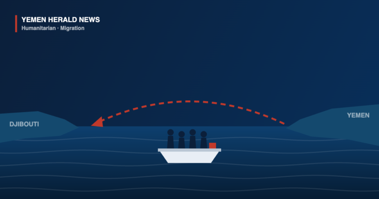 Illustration of a small boat carrying migrants across the Gulf of Aden from the Yemeni coast toward Djibouti