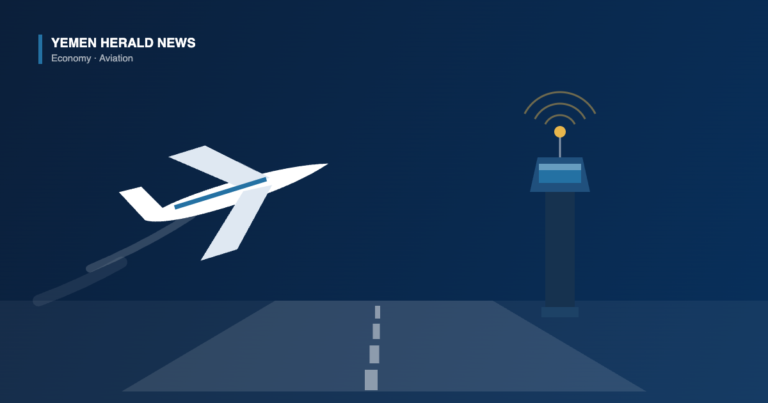 Illustration of an airliner climbing away from a runway past an airport control tower, representing Yemeni airports remaining open
