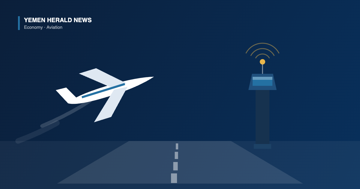 Illustration of an airliner climbing away from a runway past an airport control tower, representing Yemeni airports remaining open