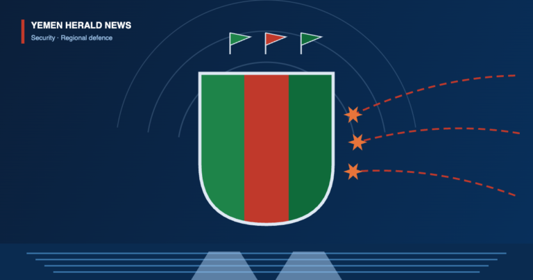 Illustration of a shield in the colours of Saudi Arabia, Turkiye and Pakistan deflecting incoming missile trails above a sea strait.