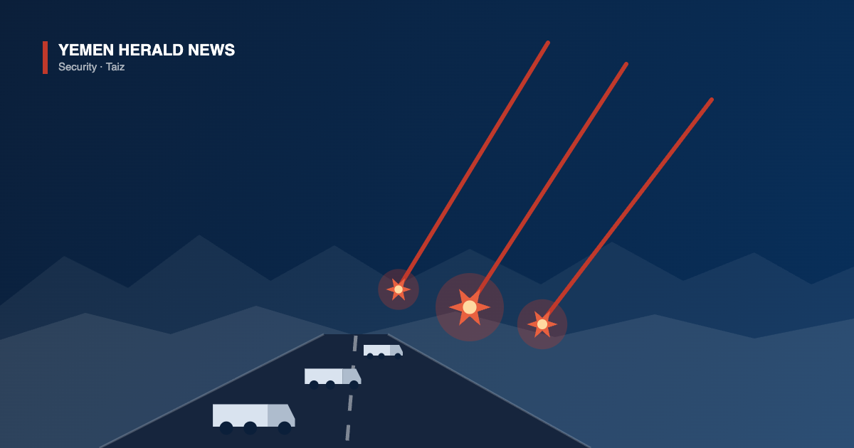 Illustration of trucks on a road north of Taiz with incoming strike trails and impact bursts against a mountain ridge