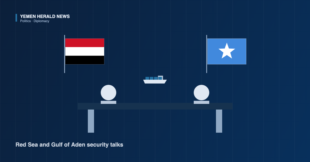 Illustration of the Yemeni and Somali flags beside a meeting table and a cargo ship