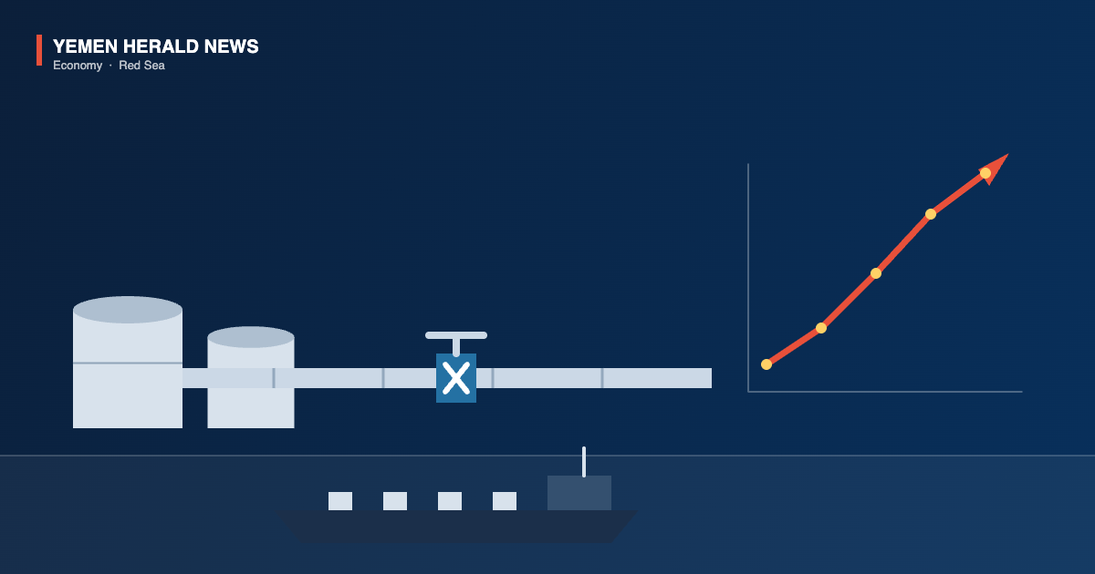 Illustration of oil storage tanks and a pipeline with a closed valve beside a rising price chart and a tanker at sea.
