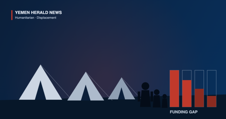 Illustration of three displacement tents, a family of three in silhouette and four declining bars labelled funding gap