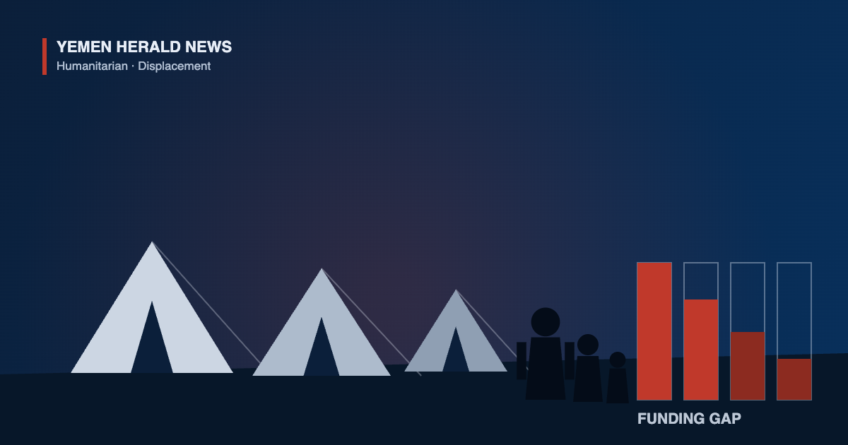 Illustration of three displacement tents, a family of three in silhouette and four declining bars labelled funding gap