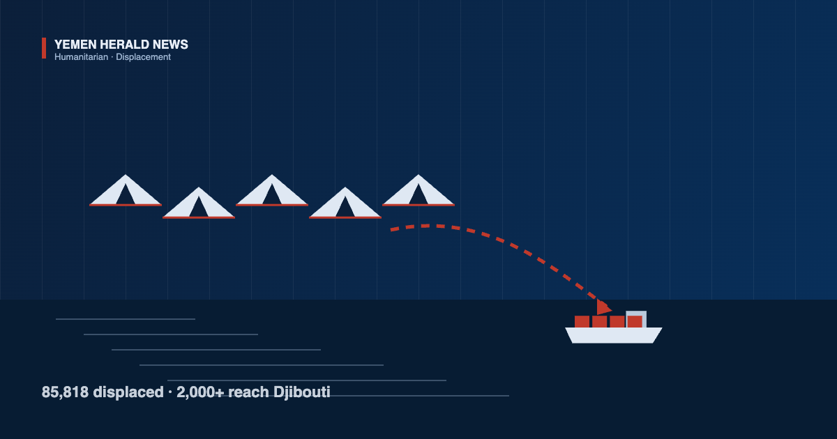 Illustration of tents beside a sea crossing with an arrow toward a cargo ship, marking displacement from Yemen toward Djibouti