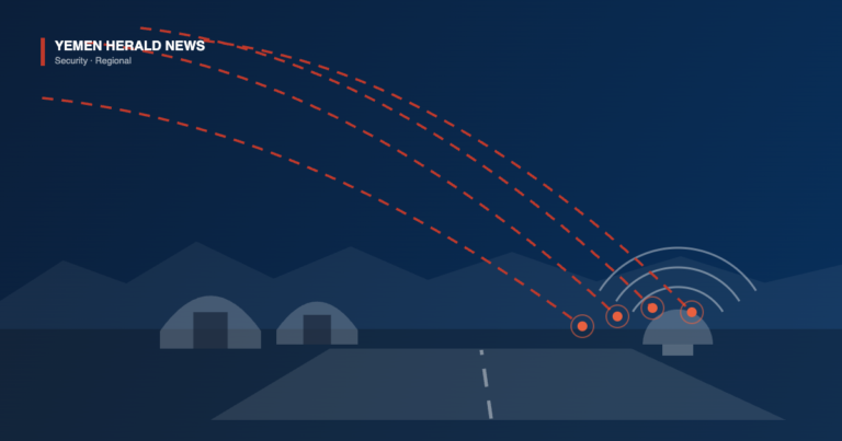 Illustration of missile and drone trails descending toward an air base with hangars, a runway and a radar dome below mountains