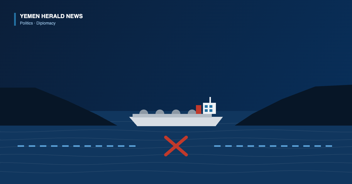 Illustration of a tanker in a narrow strait with a dashed shipping route broken by a red cross, marking postponed talks on Strait of Hormuz routes