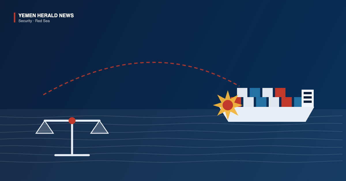 Illustration of a container ship at sea with a missile trajectory ending in an impact burst at its bow, and a set of scales of justice in the foreground.