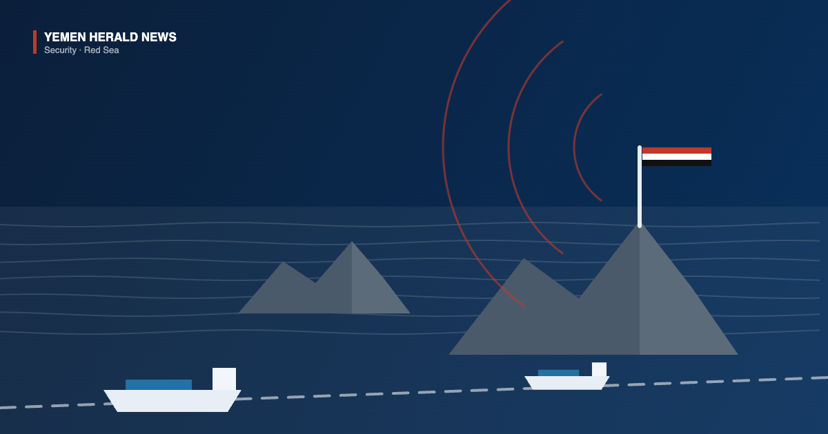 Illustration of two Red Sea islands with a flag planted on the larger summit, radiating range arcs, and cargo vessels passing along a dashed shipping lane.