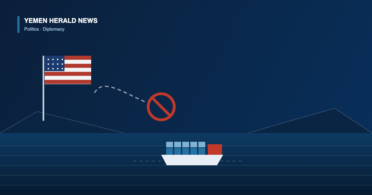 Illustration of a United States flag beside a barred red symbol over a sea route, with a cargo ship passing through a narrow strait