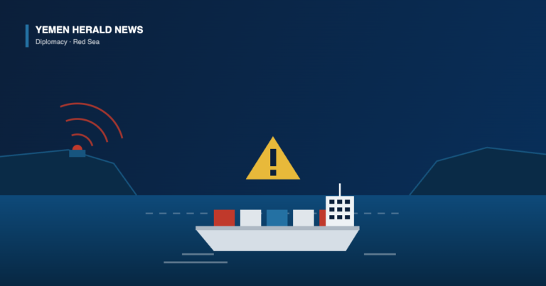 Illustration of a cargo ship passing through the narrow Bab al-Mandab strait between two headlands, with a radar emitter and a warning sign marking the shipping channel