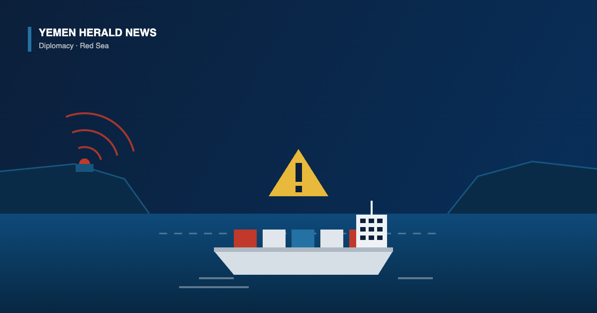 Illustration of a cargo ship passing through the narrow Bab al-Mandab strait between two headlands, with a radar emitter and a warning sign marking the shipping channel