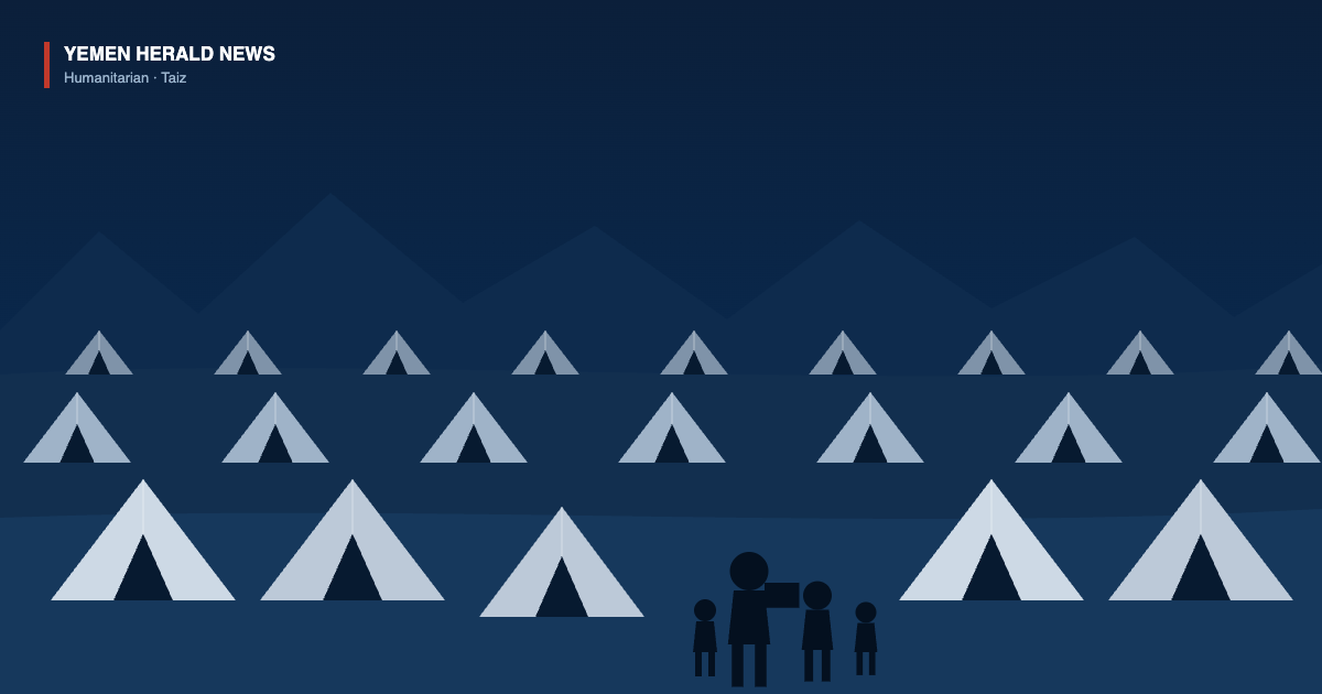Illustration of rows of tents in a displacement camp with a family carrying belongings in the foreground, Taiz governorate, Yemen