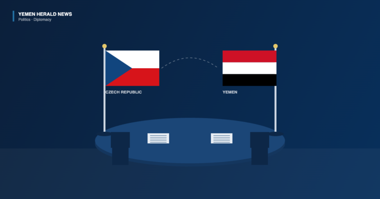 Illustration of the Czech and Yemeni flags beside a meeting table, marking talks between Yemen’s ambassador and a Czech Foreign Ministry official in Prague