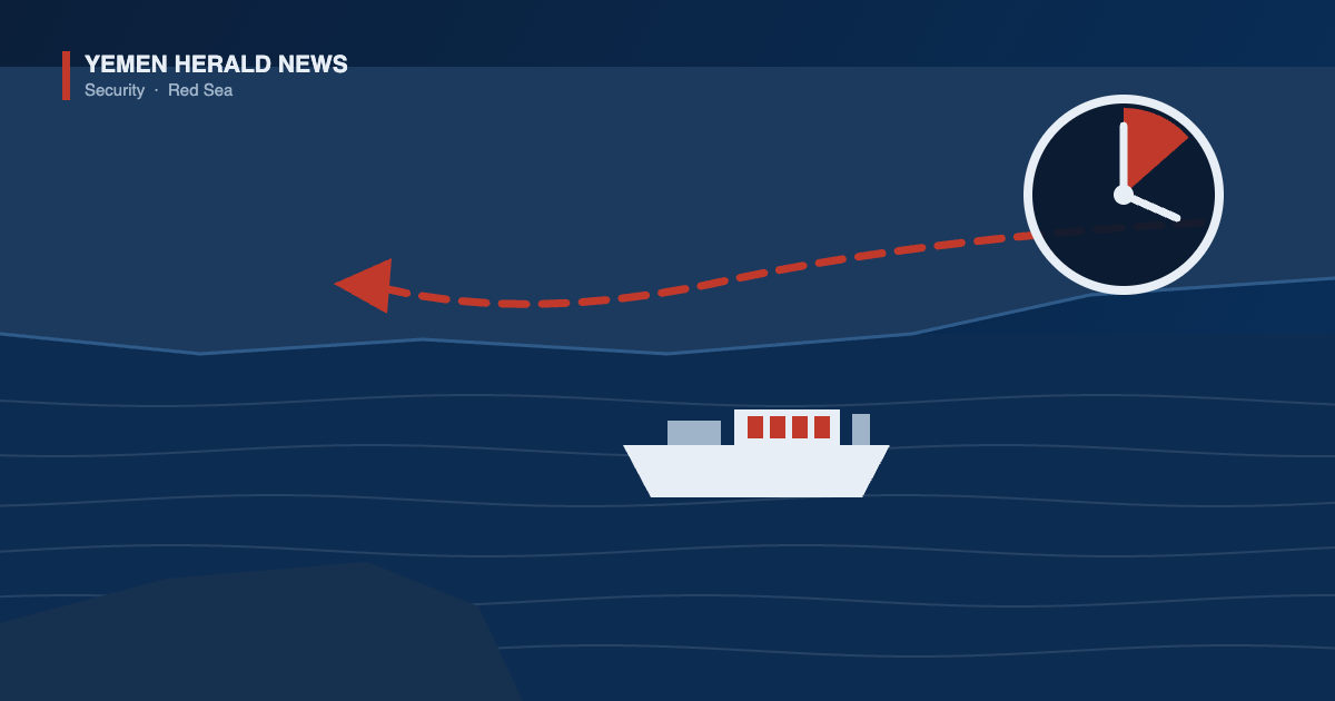Illustration of a cargo ship in the Red Sea with a red arrow tracing a westward advance along the Yemeni coast and a clock showing a narrow remaining window