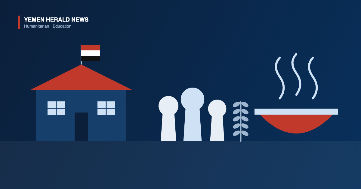 Illustration of a school building flying the Yemeni flag, three children, a wheat stalk and a steaming bowl, representing school feeding in Yemen.