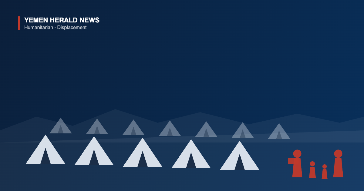 Illustration of a camp of tents on open ground with a displaced family carrying belongings