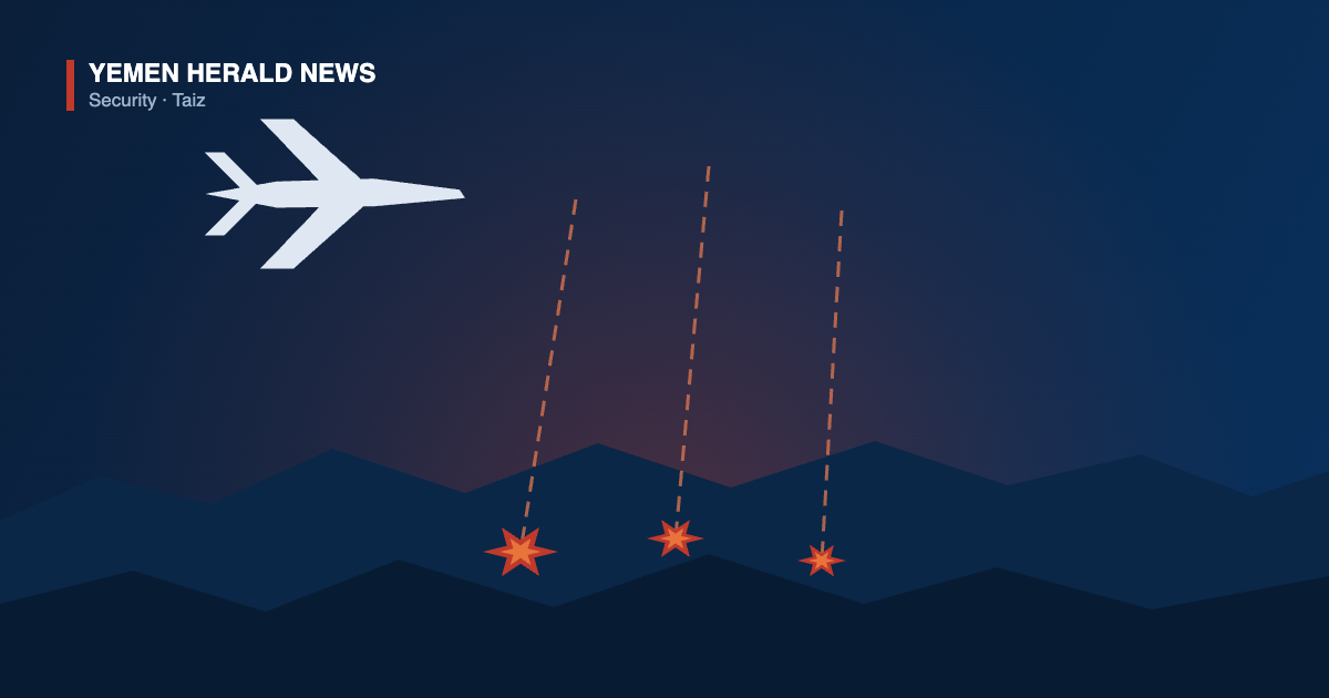 Illustration of a military jet above a ridgeline east of Taiz with three descending strike trails ending in impact bursts