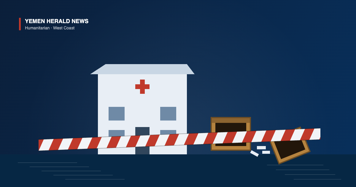 Illustration of a clinic marked with a red cross behind cordon tape, with emptied supply crates beside it on the Yemeni coast