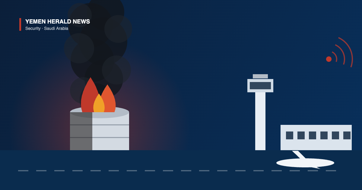 Illustration of a burning fuel storage tank sending up black smoke beside an airport control tower, terminal and grounded aircraft