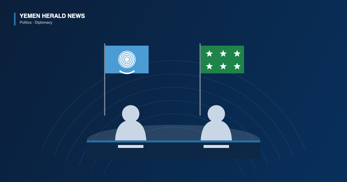 Illustration of a UN flag and a six-star Gulf bloc flag above a meeting table with two seated delegates