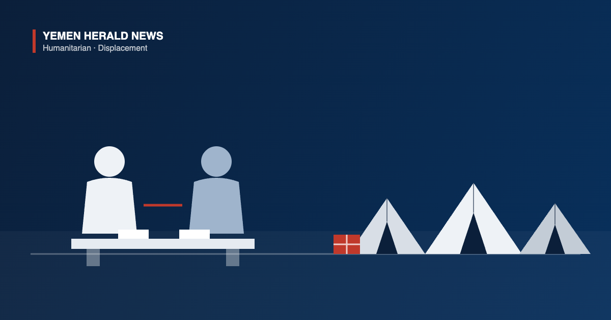 Illustration of two officials seated at a meeting table beside a cluster of displacement camp tents and a red aid crate