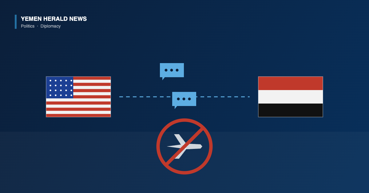 Illustration of the United States and Yemen flags linked by a dashed line with speech bubbles, beside a military jet inside a red prohibition sign