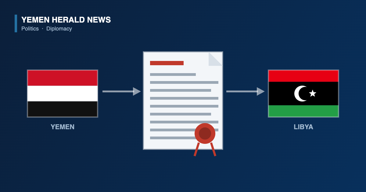 Illustration of a sealed diplomatic note passing from the flag of Yemen to the flag of Libya